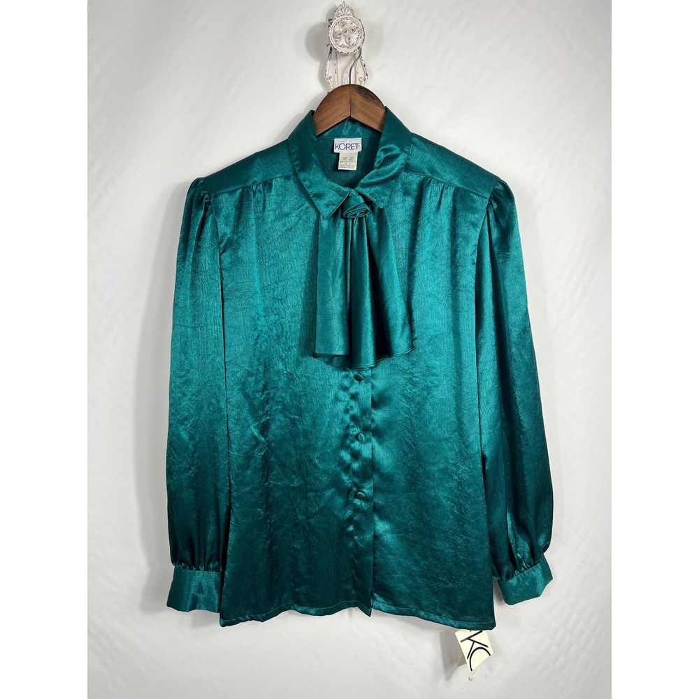 Koret Emerald Green Satin Tie Neck Blouse Vintage Long Sleeve Button Down 14 NEW